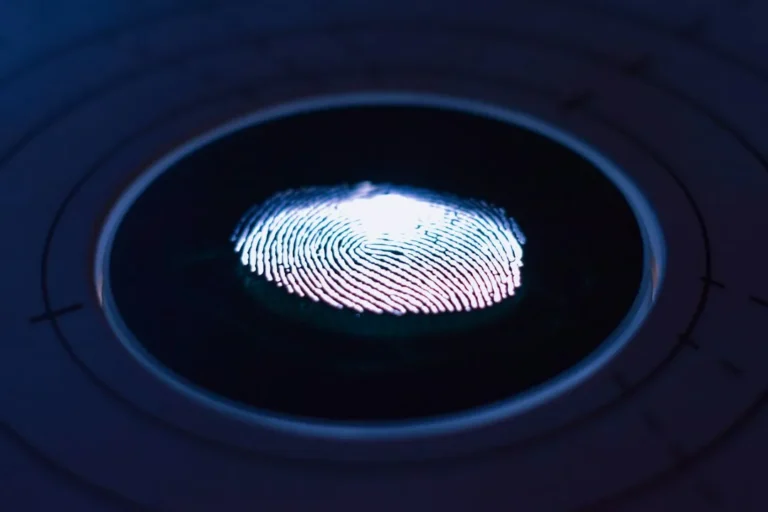 A glowing fingerprint on a dark circular scanner surface with concentric lines